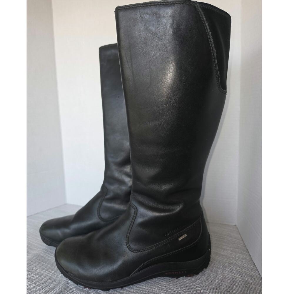 Black Waterproof Leather Insulated Tall Riding Boot Merrell Rubber Sole Side Zip